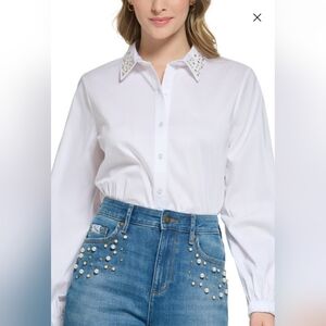 NWT Karl Lagerfeld White Button Down Blouse With Gold Studs And Pearls Collar M